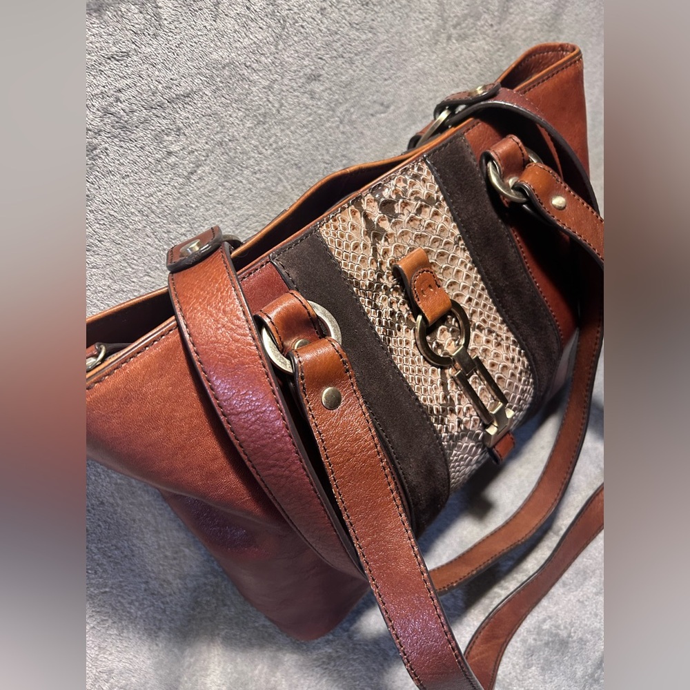 Etienne Aigner Cognac, Suede and Snakeskin Leather Tote w/ Silver Hardware - Picture 6 of 13